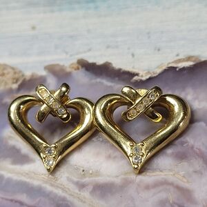 Gold Heart Earrings with Crystals